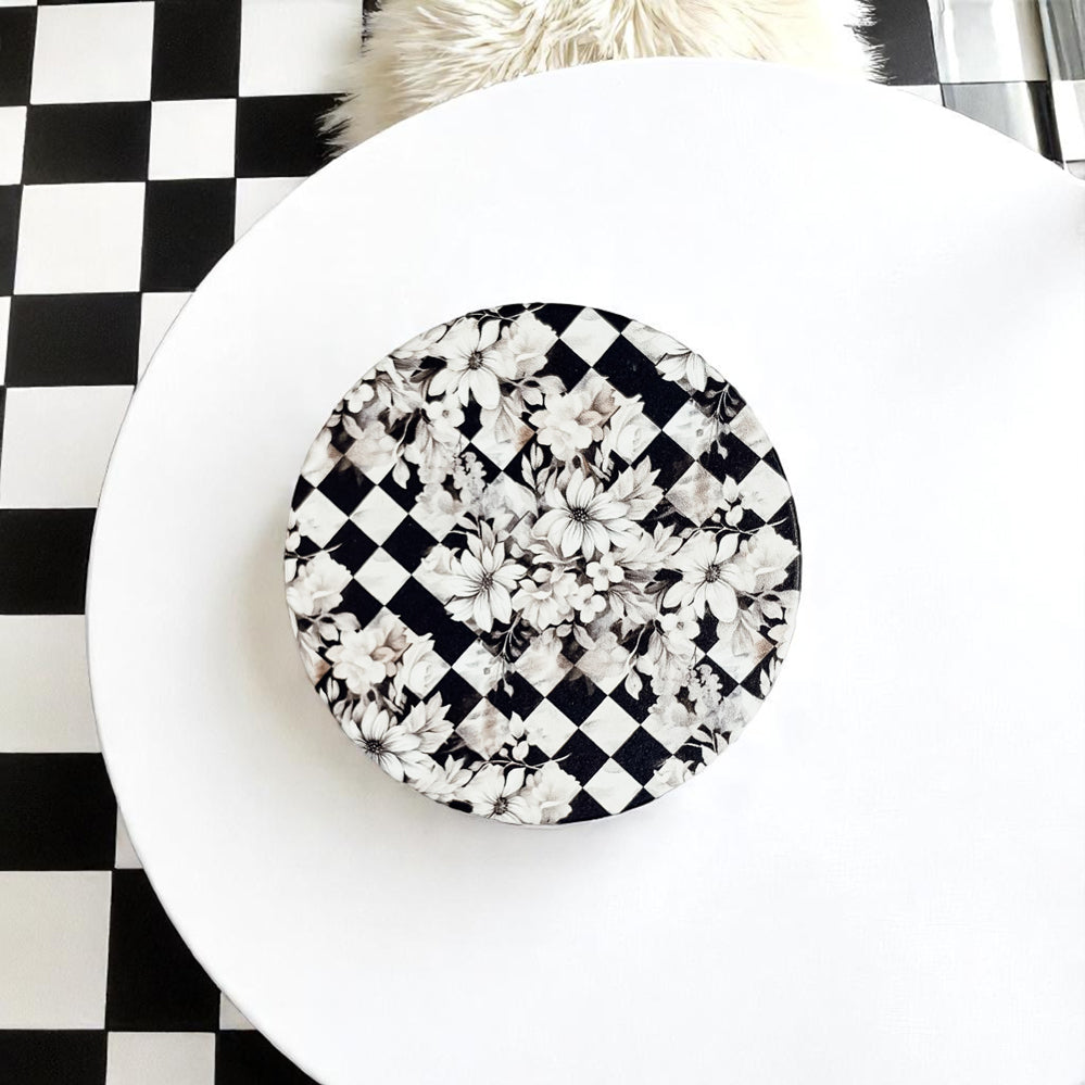 classic ceramic coasters courtly check pattern black white checkered gingham floral design cork back